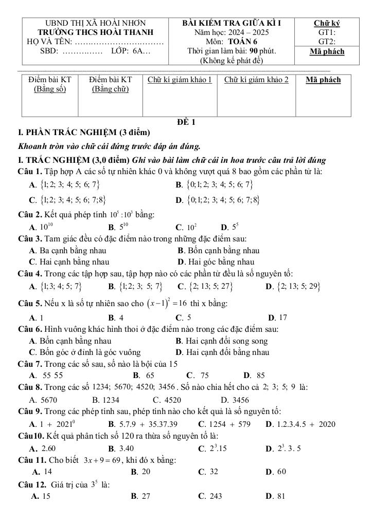 đề giữa học kì 1 toán 6 năm 2024 – 2025 trường thcs hoài thanh – bình định 4