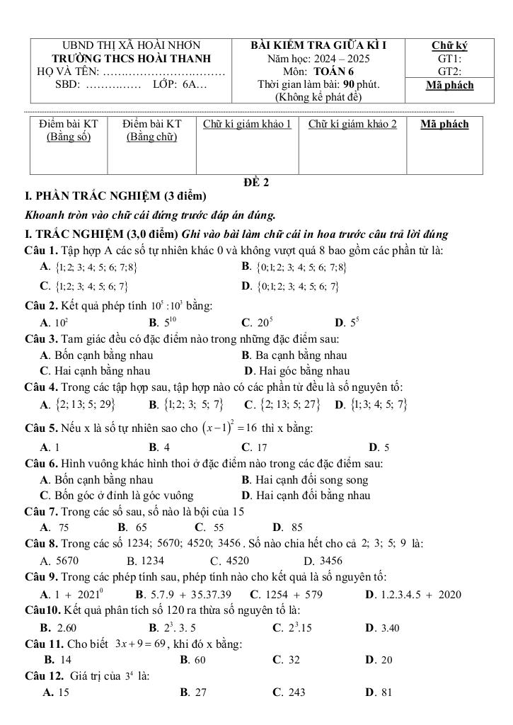 đề giữa học kì 1 toán 6 năm 2024 – 2025 trường thcs hoài thanh – bình định 6