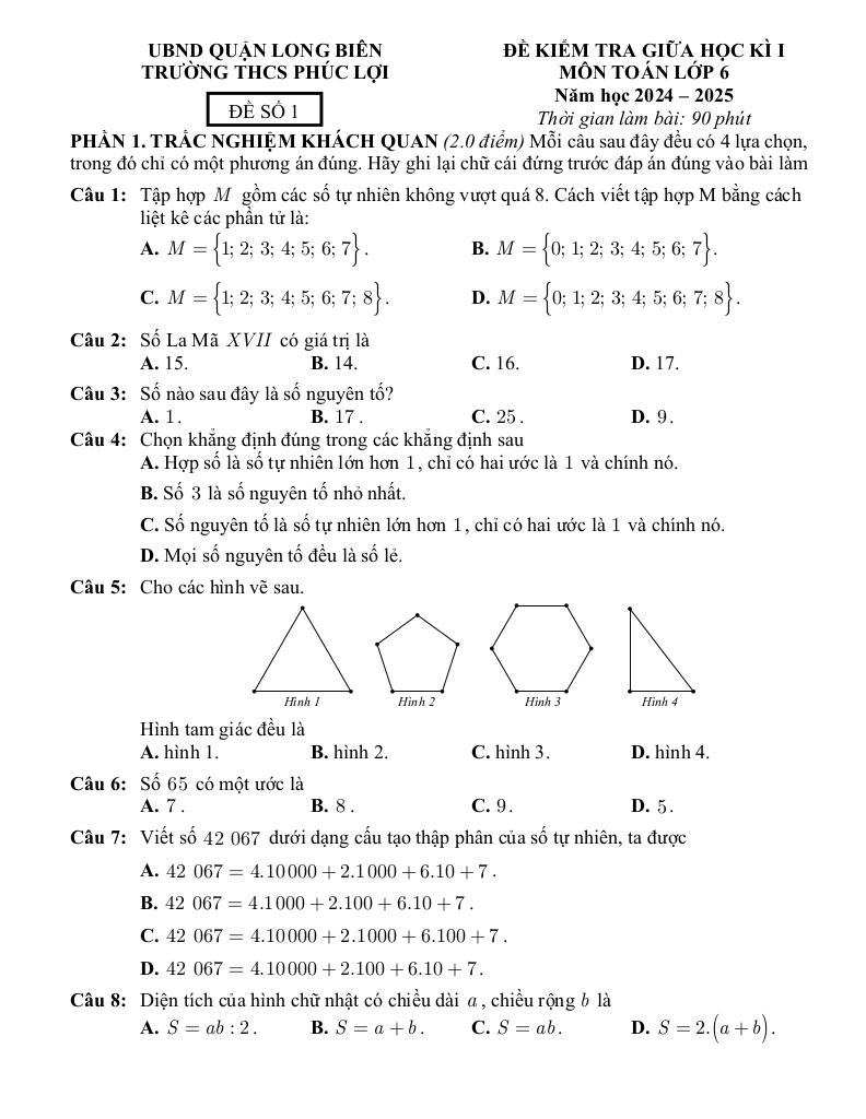 đề giữa học kì 1 toán 6 năm 2024 – 2025 trường thcs phúc lợi – hà nội 0