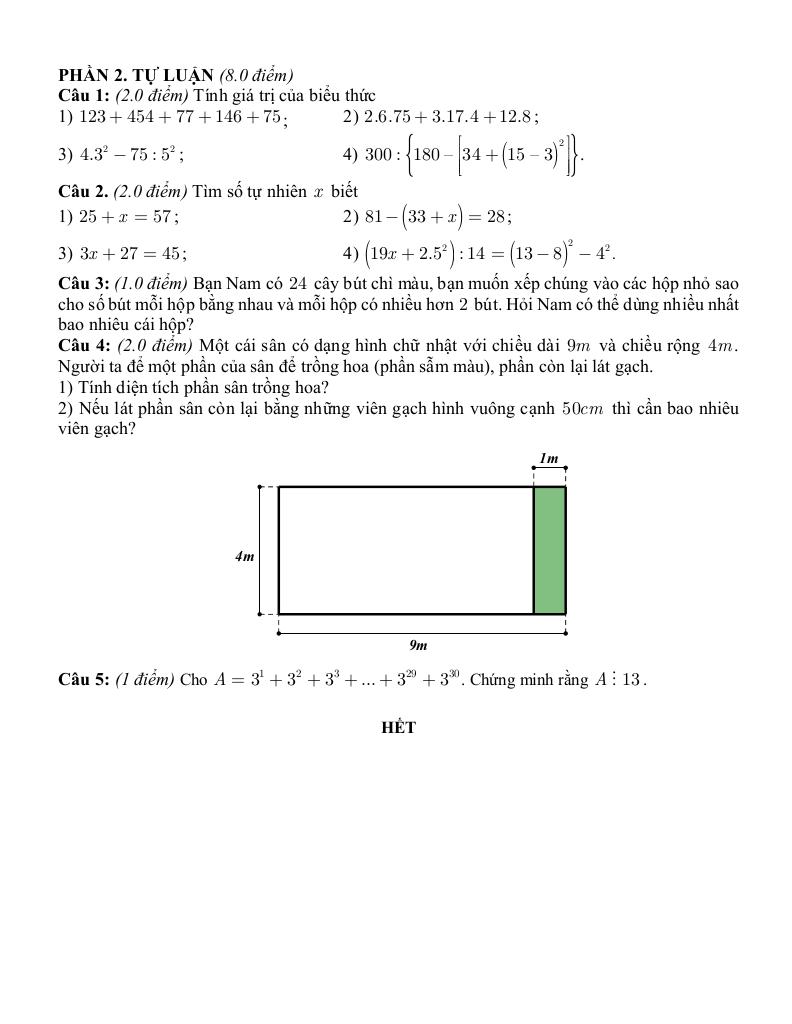 đề giữa học kì 1 toán 6 năm 2024 – 2025 trường thcs phúc lợi – hà nội 1