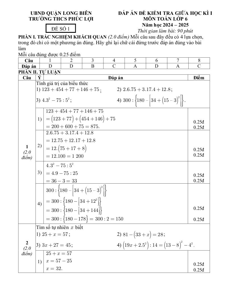 đề giữa học kì 1 toán 6 năm 2024 – 2025 trường thcs phúc lợi – hà nội 2