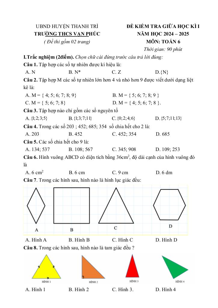 đề giữa học kì 1 toán 6 năm 2024 – 2025 trường thcs vạn phúc – hà nội 5