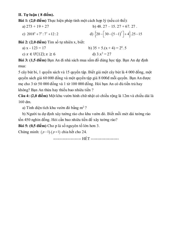 đề giữa học kì 1 toán 6 năm 2024 – 2025 trường thcs vạn phúc – hà nội 6