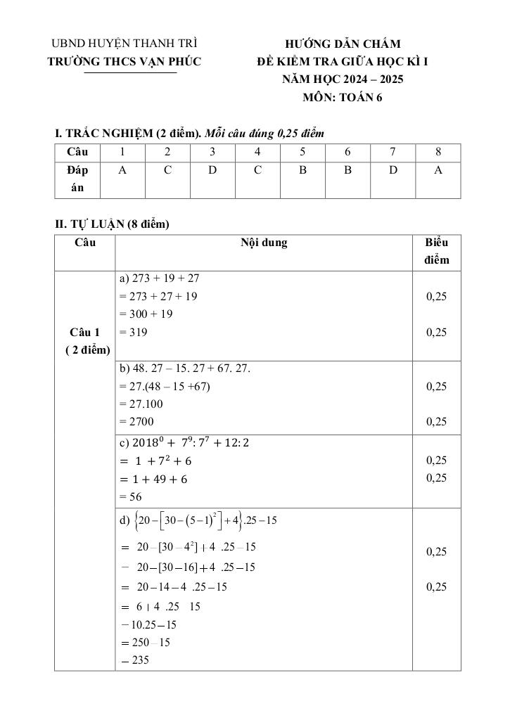 đề giữa học kì 1 toán 6 năm 2024 – 2025 trường thcs vạn phúc – hà nội 7