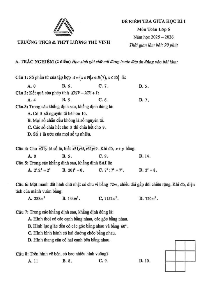 đề giữa học kì 1 toán 6 năm 2025 – 2026 trường lương thế vinh – hà nội 0