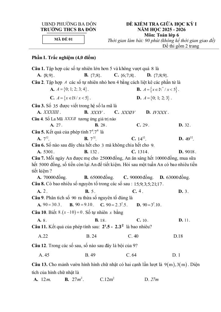 đề giữa học kì 1 toán 6 năm 2025 – 2026 trường thcs ba đồn – quảng trị 0