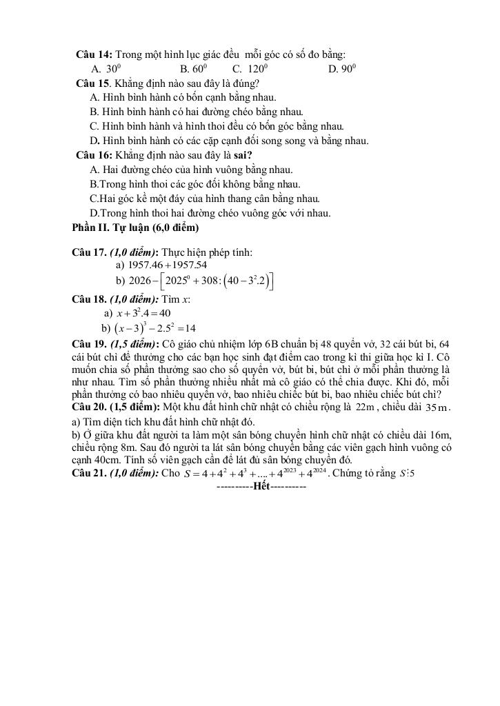 đề giữa học kì 1 toán 6 năm 2025 – 2026 trường thcs ba đồn – quảng trị 1