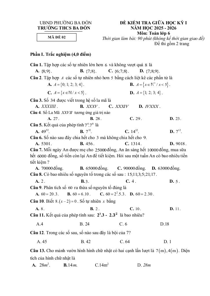 đề giữa học kì 1 toán 6 năm 2025 – 2026 trường thcs ba đồn – quảng trị 2