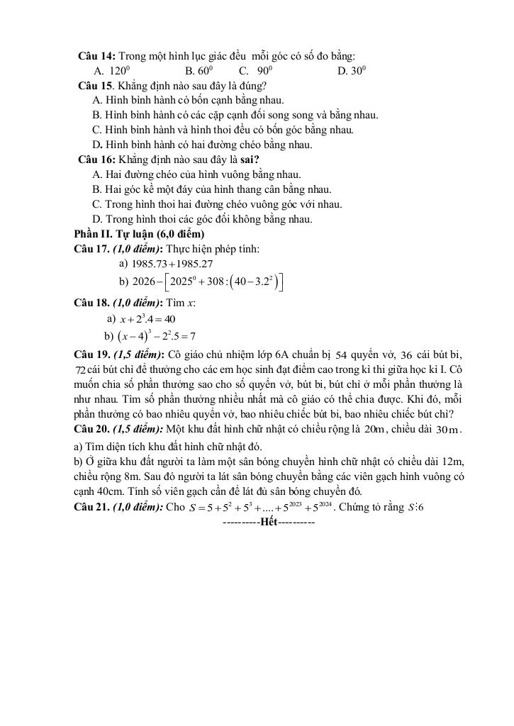 đề giữa học kì 1 toán 6 năm 2025 – 2026 trường thcs ba đồn – quảng trị 3