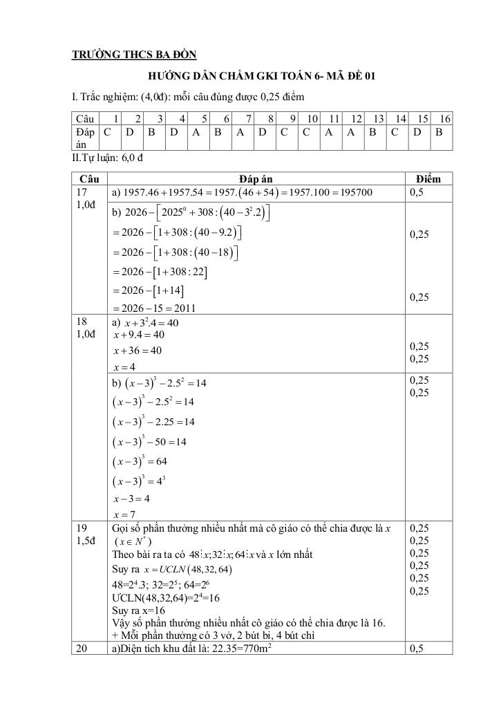 đề giữa học kì 1 toán 6 năm 2025 – 2026 trường thcs ba đồn – quảng trị 4