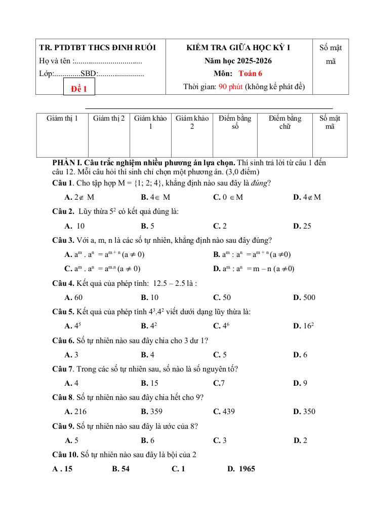đề giữa học kì 1 toán 6 năm 2025 – 2026 trường thcs đinh ruối – gia lai 5