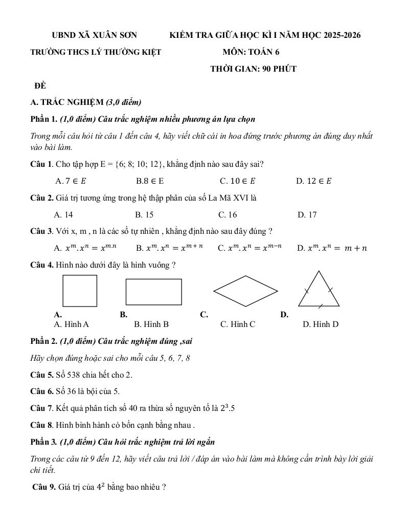 đề giữa học kì 1 toán 6 năm 2025 – 2026 trường thcs lý thường kiệt – tp hcm 0