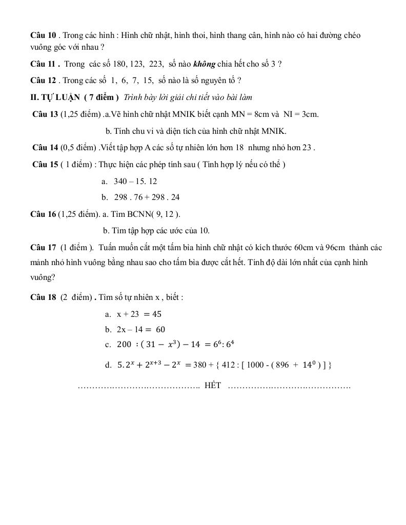 đề giữa học kì 1 toán 6 năm 2025 – 2026 trường thcs lý thường kiệt – tp hcm 1
