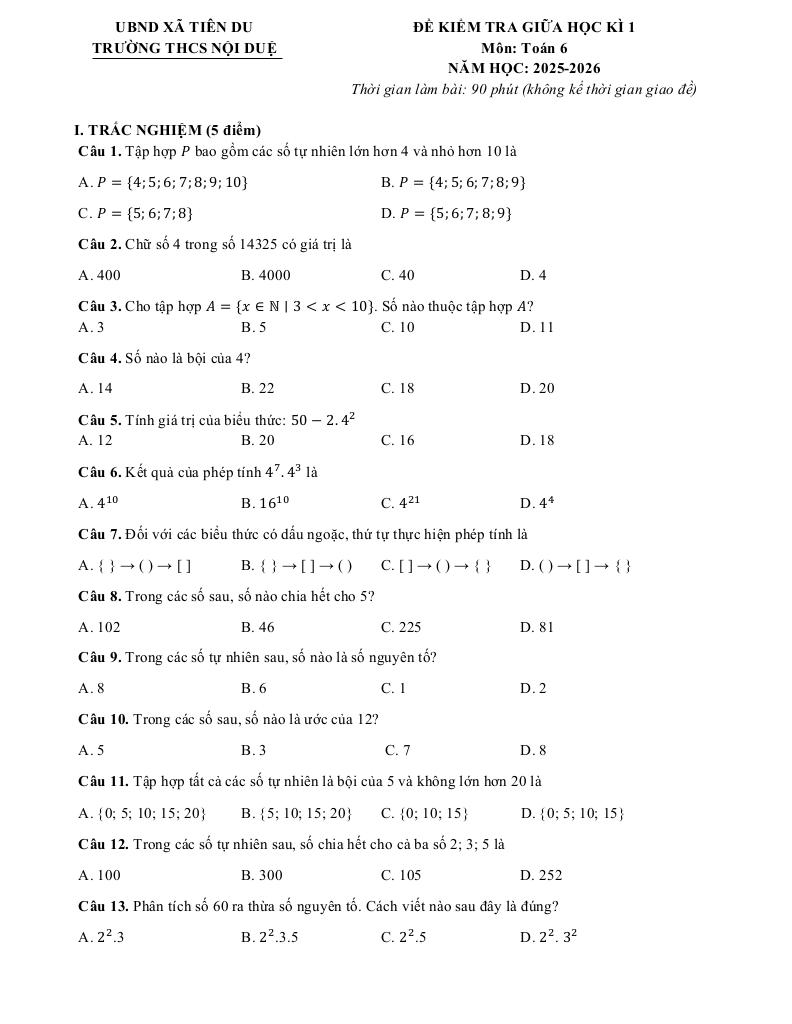 đề giữa học kì 1 toán 6 năm 2025 – 2026 trường thcs nội duệ – bắc ninh 0