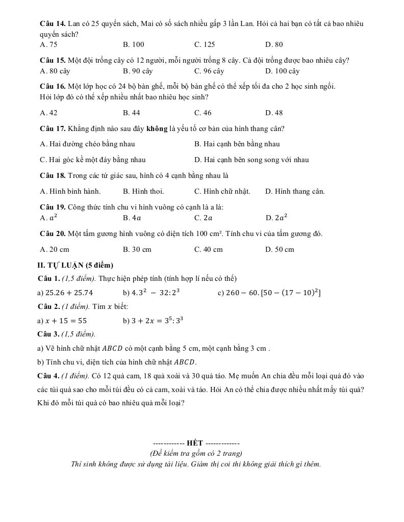 đề giữa học kì 1 toán 6 năm 2025 – 2026 trường thcs nội duệ – bắc ninh 1