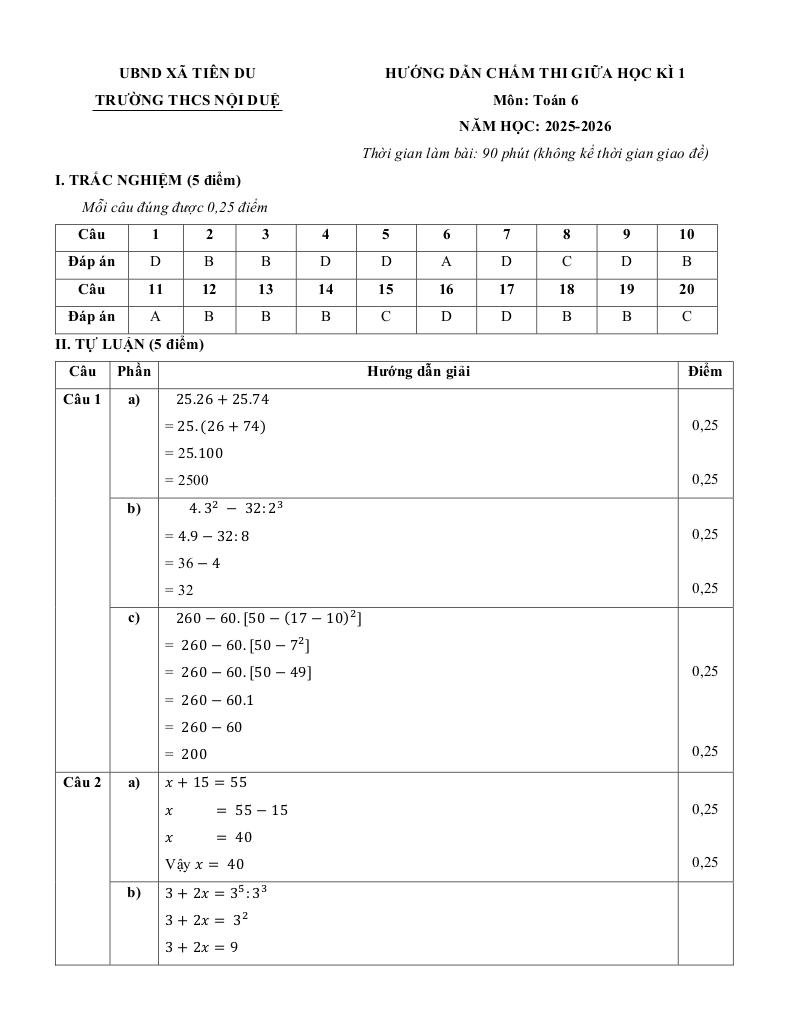 đề giữa học kì 1 toán 6 năm 2025 – 2026 trường thcs nội duệ – bắc ninh 2