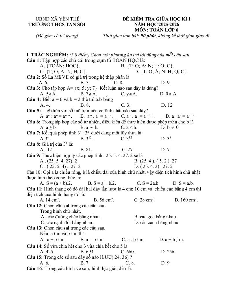 đề giữa học kì 1 toán 6 năm 2025 – 2026 trường thcs tân sỏi – bắc ninh 2