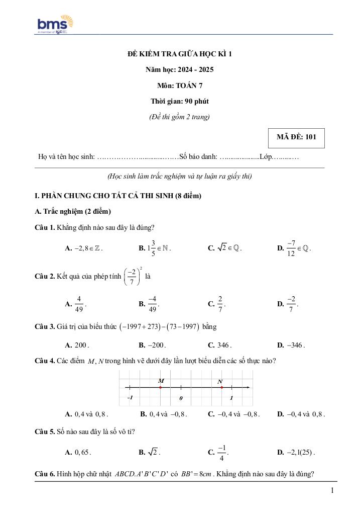 đề giữa học kì 1 toán 7 năm 2024 – 2025 trường ban mai school – hà nội 0