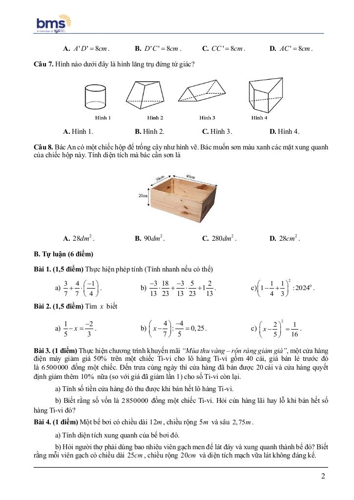 đề giữa học kì 1 toán 7 năm 2024 – 2025 trường ban mai school – hà nội 1