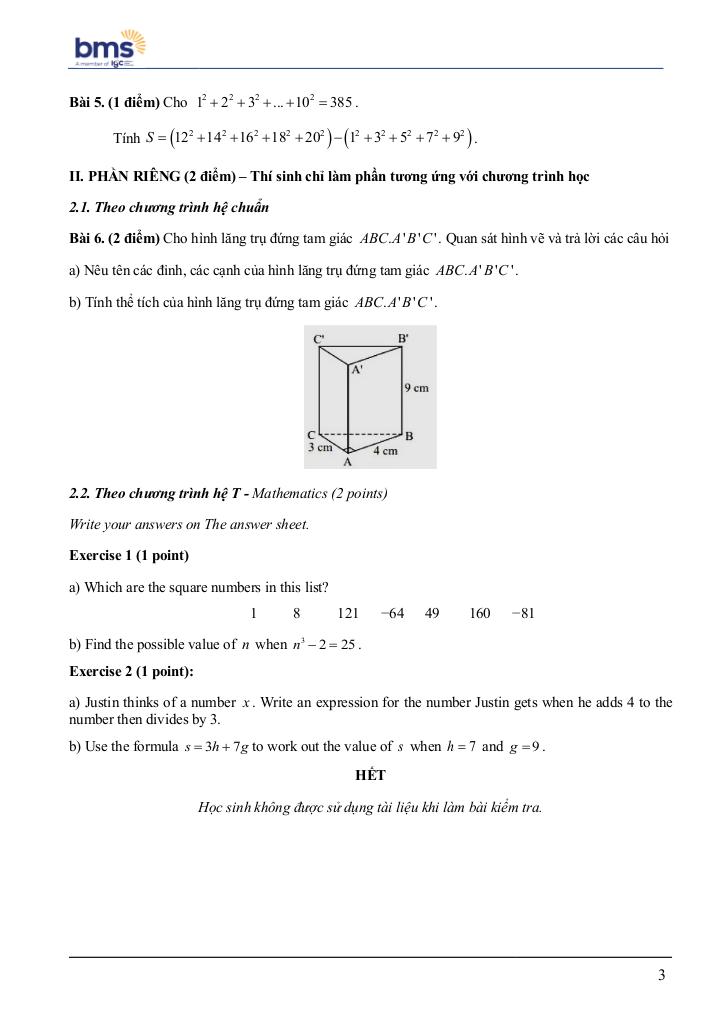 đề giữa học kì 1 toán 7 năm 2024 – 2025 trường ban mai school – hà nội 2