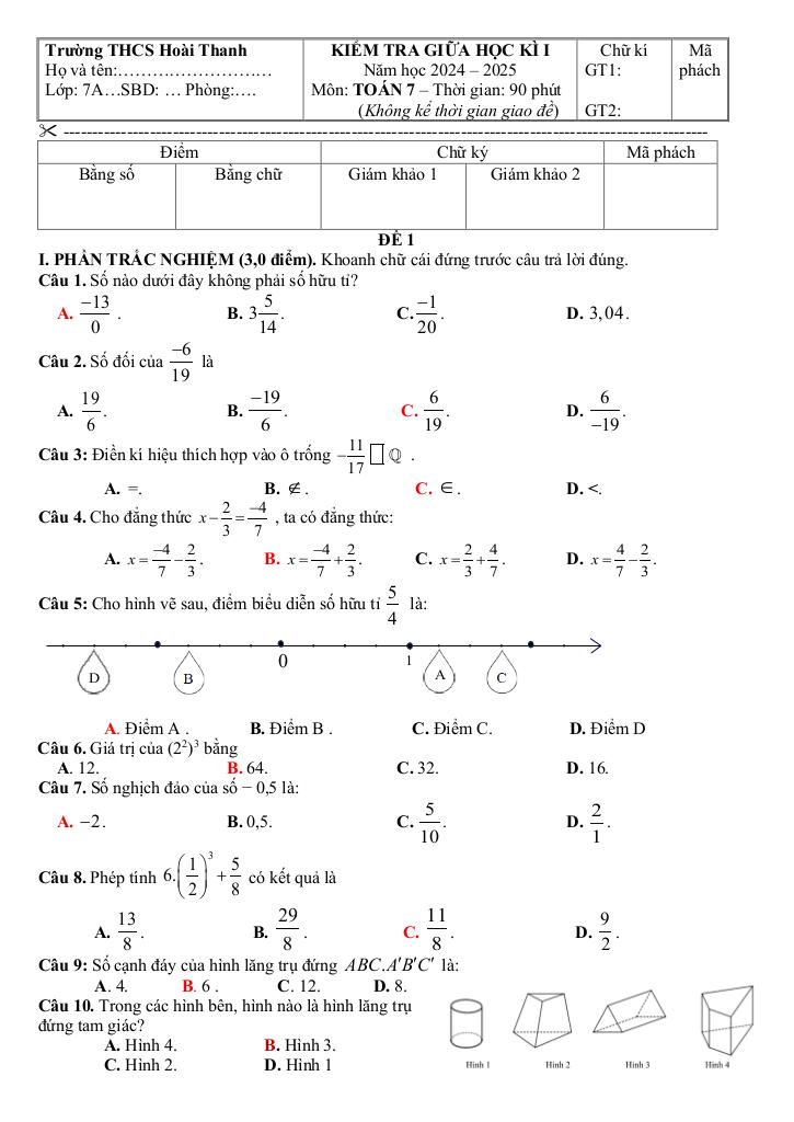 đề giữa học kì 1 toán 7 năm 2024 – 2025 trường thcs hoài thanh – bình định 4