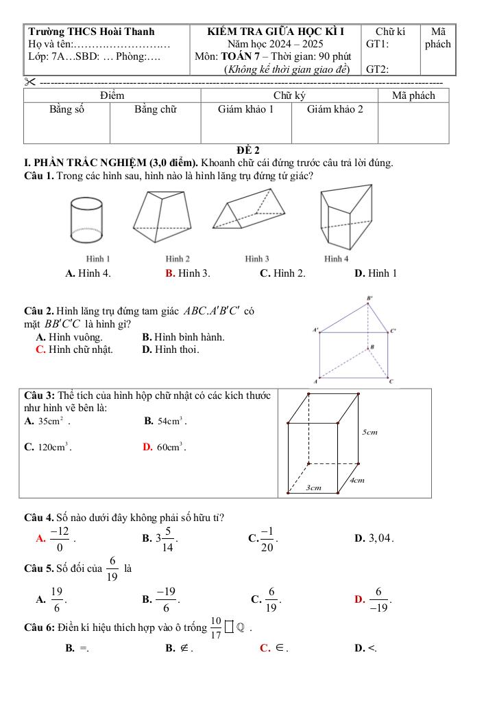 đề giữa học kì 1 toán 7 năm 2024 – 2025 trường thcs hoài thanh – bình định 6