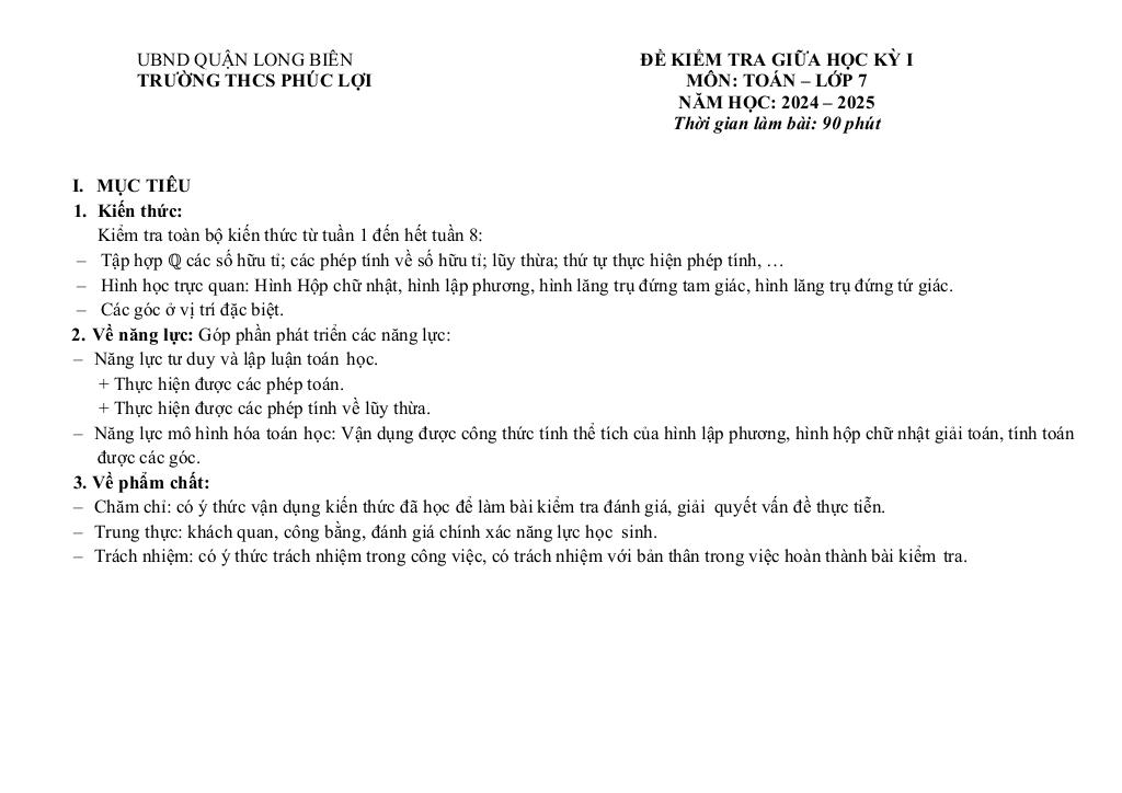 đề giữa học kì 1 toán 7 năm 2024 – 2025 trường thcs phúc lợi – hà nội 0