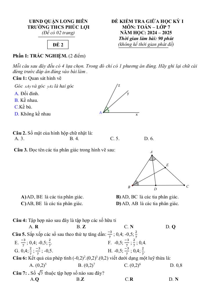 đề giữa học kì 1 toán 7 năm 2024 – 2025 trường thcs phúc lợi – hà nội 9