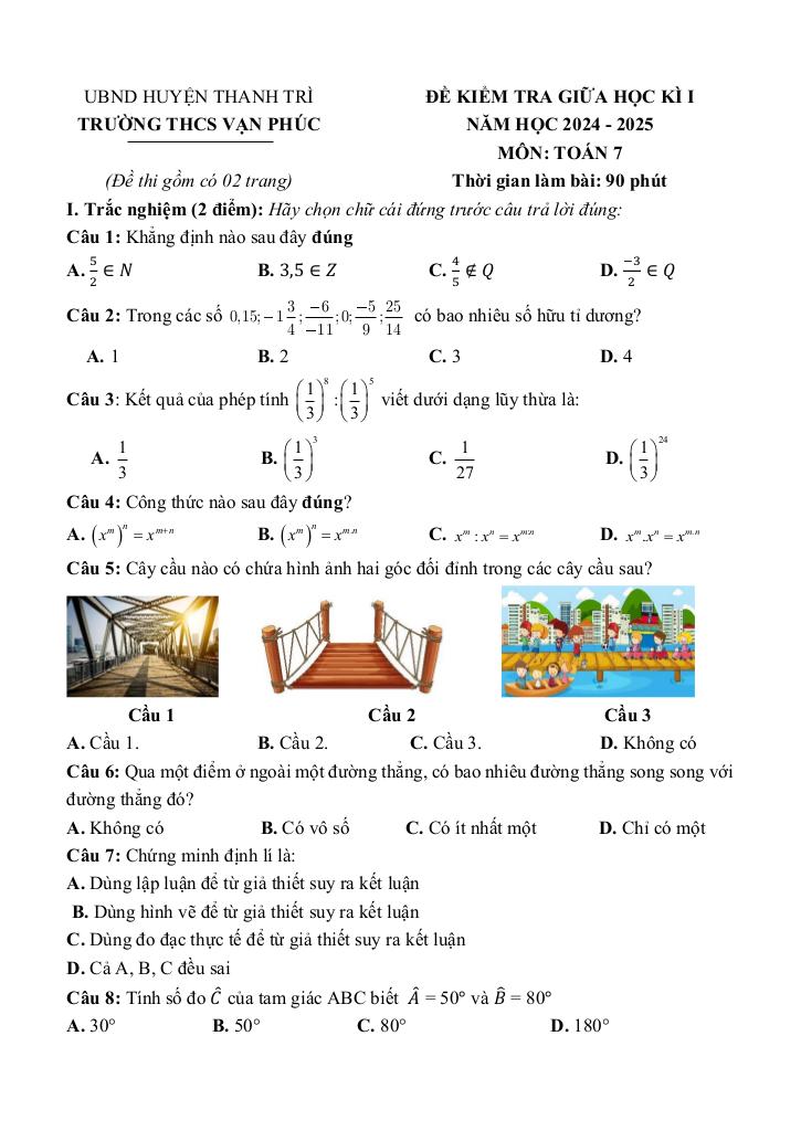 đề giữa học kì 1 toán 7 năm 2024 – 2025 trường thcs vạn phúc – hà nội 5