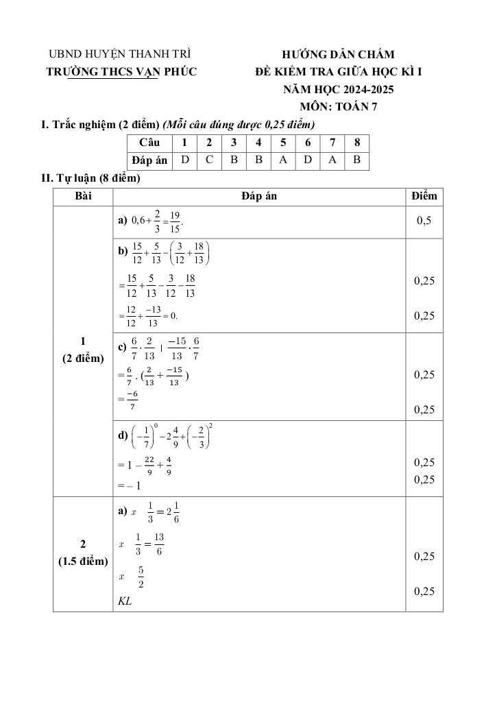 đề giữa học kì 1 toán 7 năm 2024 – 2025 trường thcs vạn phúc – hà nội 7