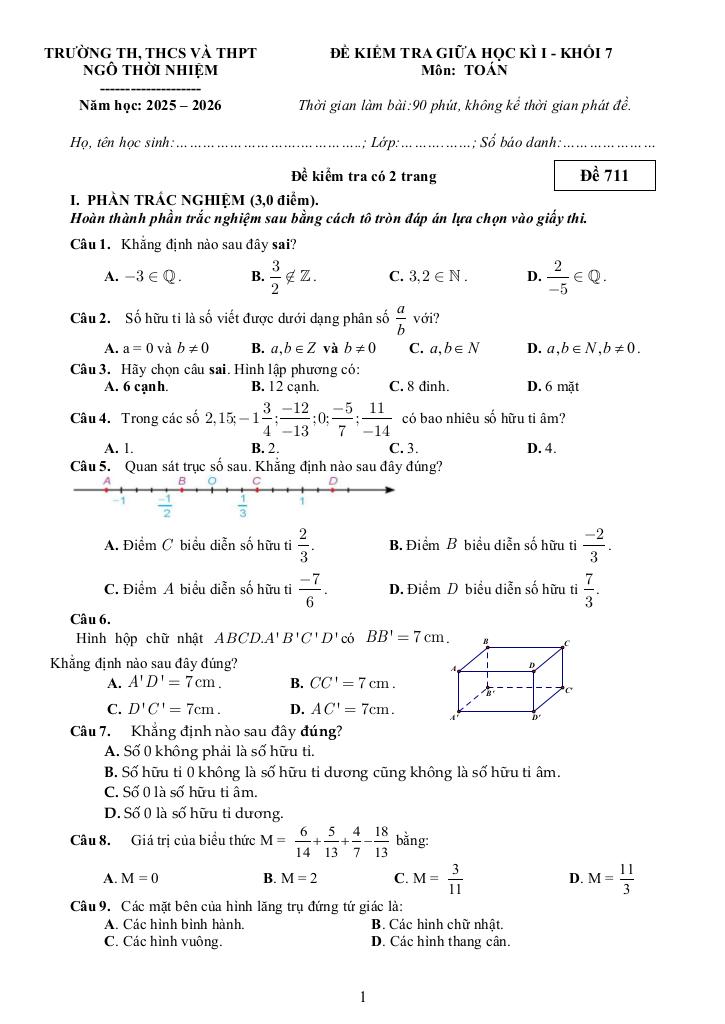 đề giữa học kì 1 toán 7 năm 2025 – 2026 trường ngô thời nhiệm – tp hcm 0