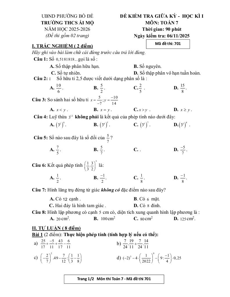 đề giữa học kì 1 toán 7 năm 2025 – 2026 trường thcs ái mộ – hà nội 0