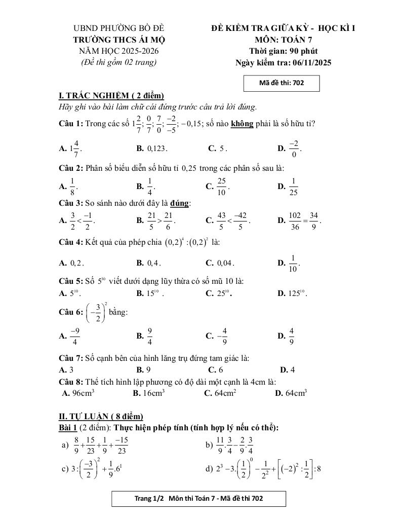 đề giữa học kì 1 toán 7 năm 2025 – 2026 trường thcs ái mộ – hà nội 2