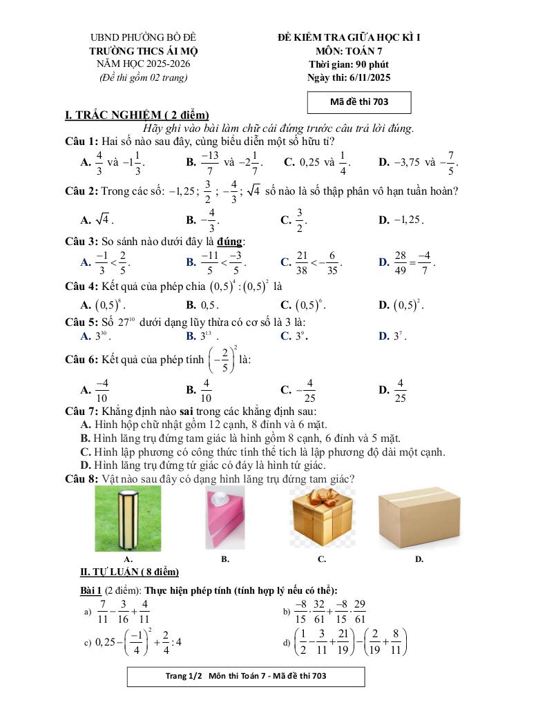 đề giữa học kì 1 toán 7 năm 2025 – 2026 trường thcs ái mộ – hà nội 4