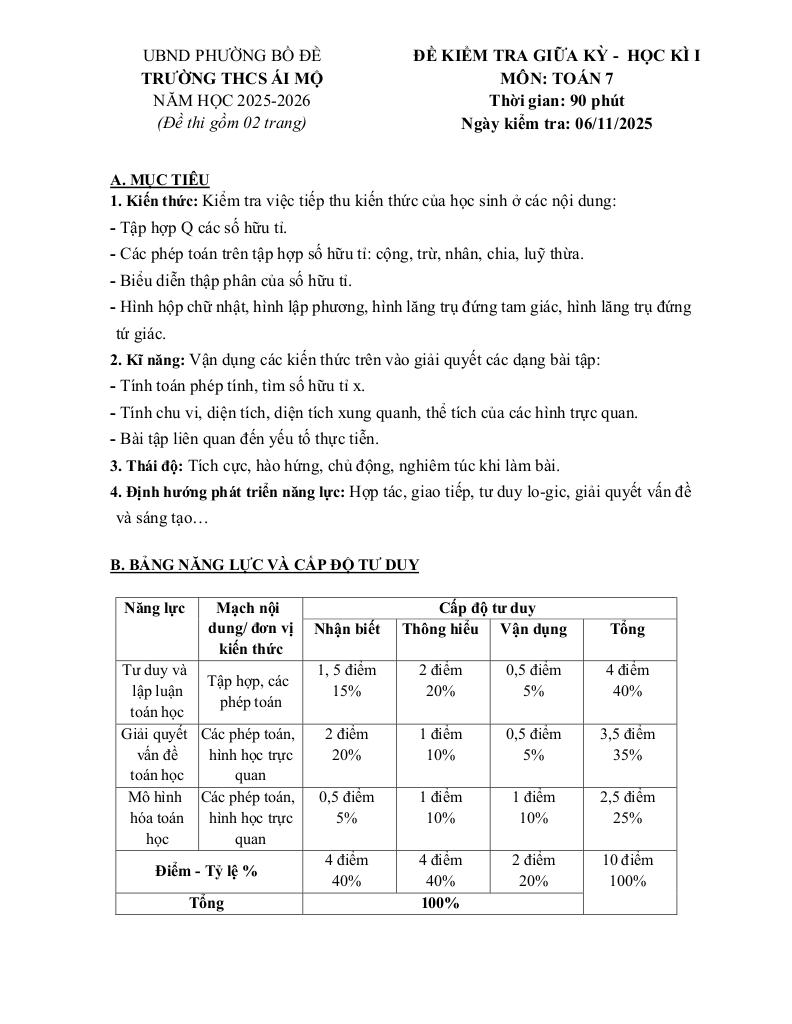 đề giữa học kì 1 toán 7 năm 2025 – 2026 trường thcs ái mộ – hà nội 6