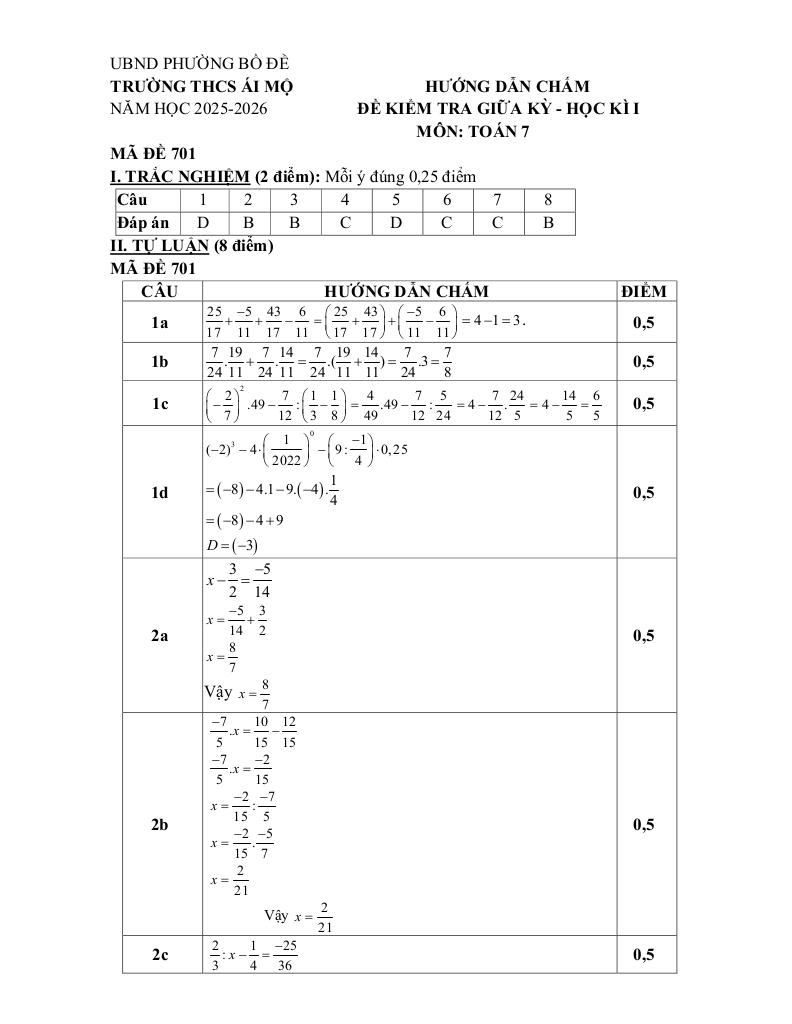 đề giữa học kì 1 toán 7 năm 2025 – 2026 trường thcs ái mộ – hà nội 7