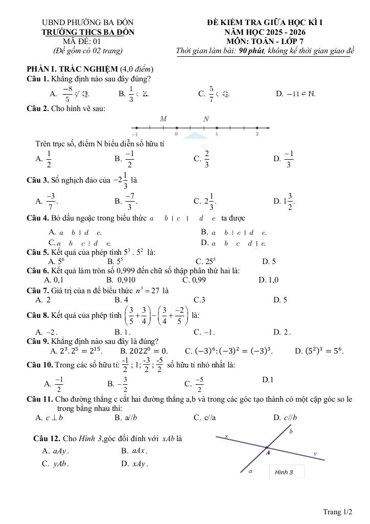 đề giữa học kì 1 toán 7 năm 2025 – 2026 trường thcs ba đồn – quảng trị 0