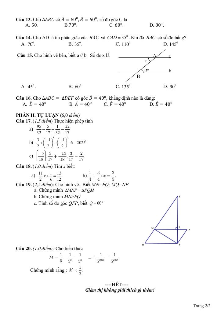 đề giữa học kì 1 toán 7 năm 2025 – 2026 trường thcs ba đồn – quảng trị 1