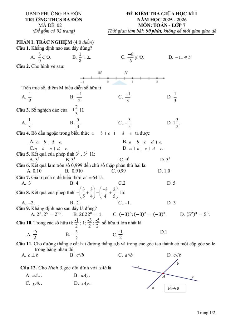 đề giữa học kì 1 toán 7 năm 2025 – 2026 trường thcs ba đồn – quảng trị 2