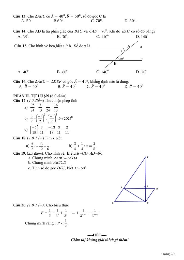 đề giữa học kì 1 toán 7 năm 2025 – 2026 trường thcs ba đồn – quảng trị 3