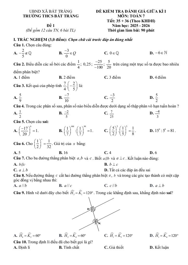 đề giữa học kì 1 toán 7 năm 2025 – 2026 trường thcs bát tràng – hà nội 0