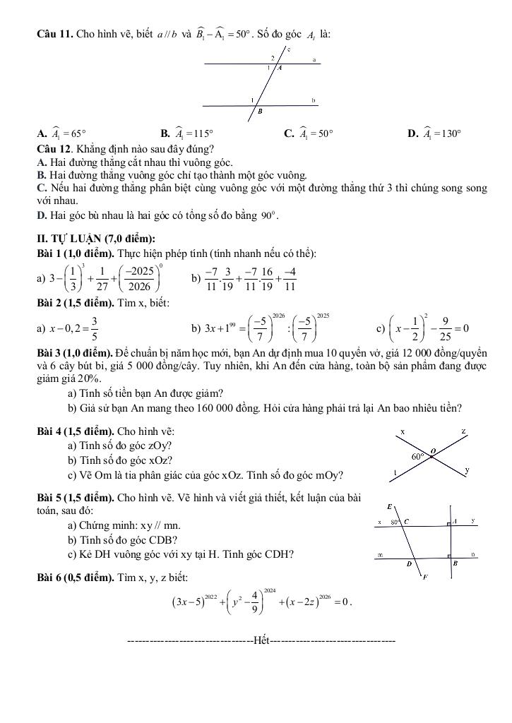 đề giữa học kì 1 toán 7 năm 2025 – 2026 trường thcs bát tràng – hà nội 1