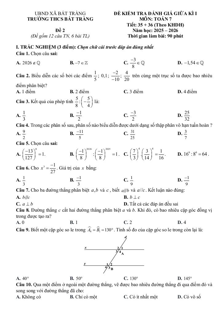 đề giữa học kì 1 toán 7 năm 2025 – 2026 trường thcs bát tràng – hà nội 2