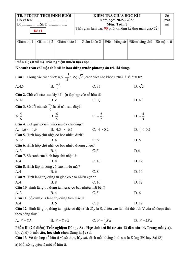 đề giữa học kì 1 toán 7 năm 2025 – 2026 trường thcs đinh ruối – gia lai 4
