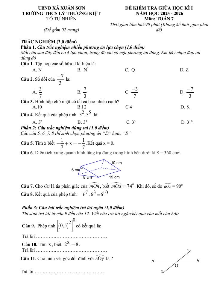 đề giữa học kì 1 toán 7 năm 2025 – 2026 trường thcs lý thường kiệt – tp hcm 0