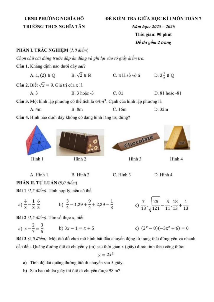 đề giữa học kì 1 toán 7 năm 2025 – 2026 trường thcs nghĩa tân – hà nội 0