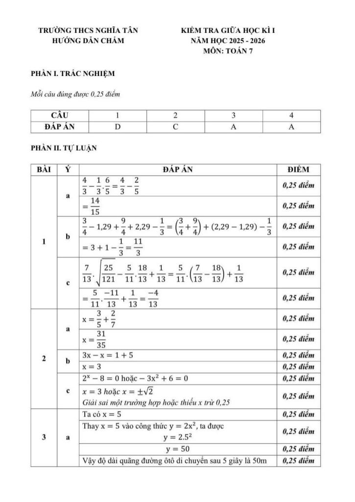 đề giữa học kì 1 toán 7 năm 2025 – 2026 trường thcs nghĩa tân – hà nội 2