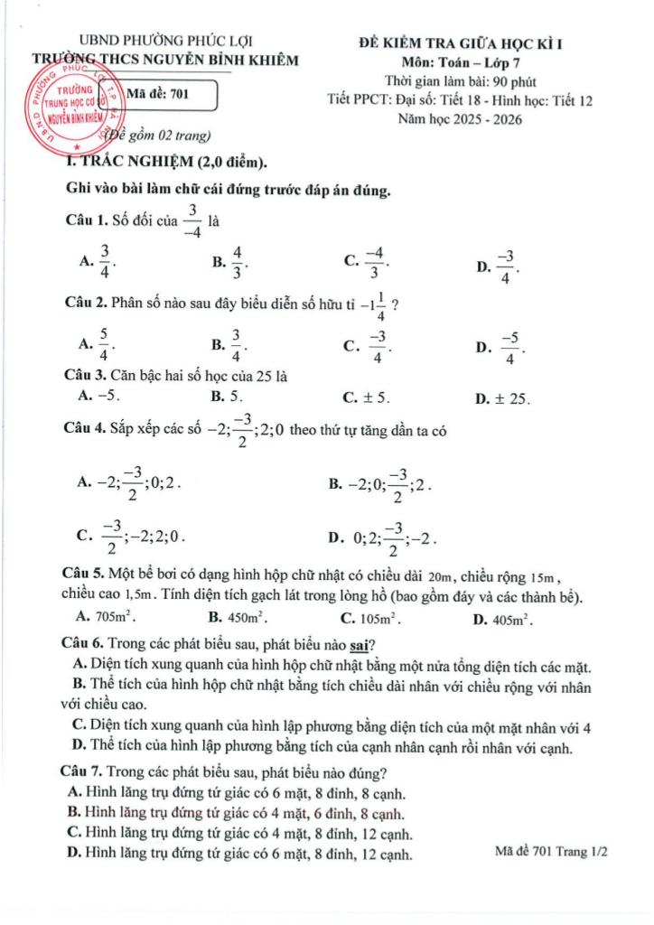 đề giữa học kì 1 toán 7 năm 2025 – 2026 trường thcs nguyễn bỉnh khiêm – hà nội 0