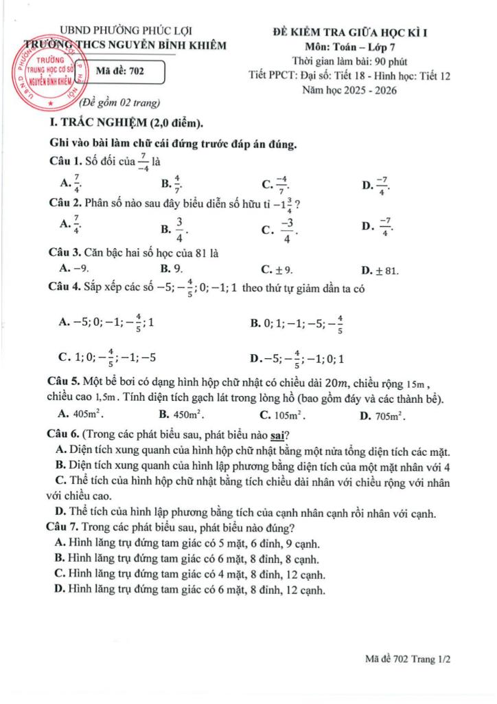 đề giữa học kì 1 toán 7 năm 2025 – 2026 trường thcs nguyễn bỉnh khiêm – hà nội 2