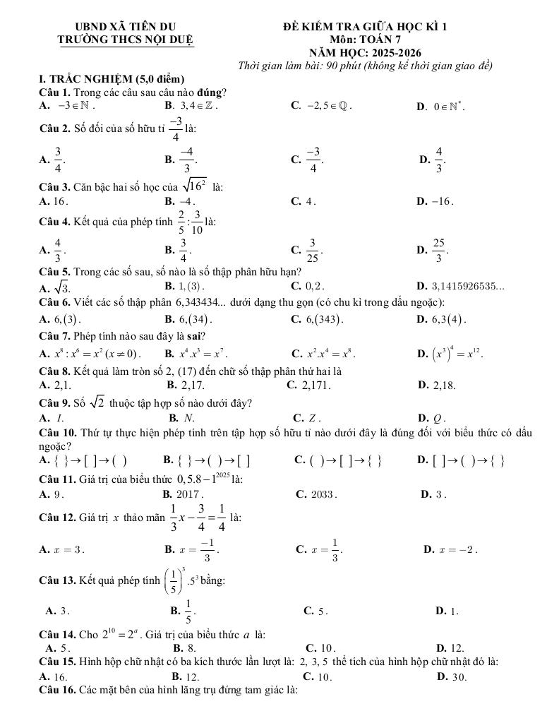 đề giữa học kì 1 toán 7 năm 2025 – 2026 trường thcs nội duệ – bắc ninh 0
